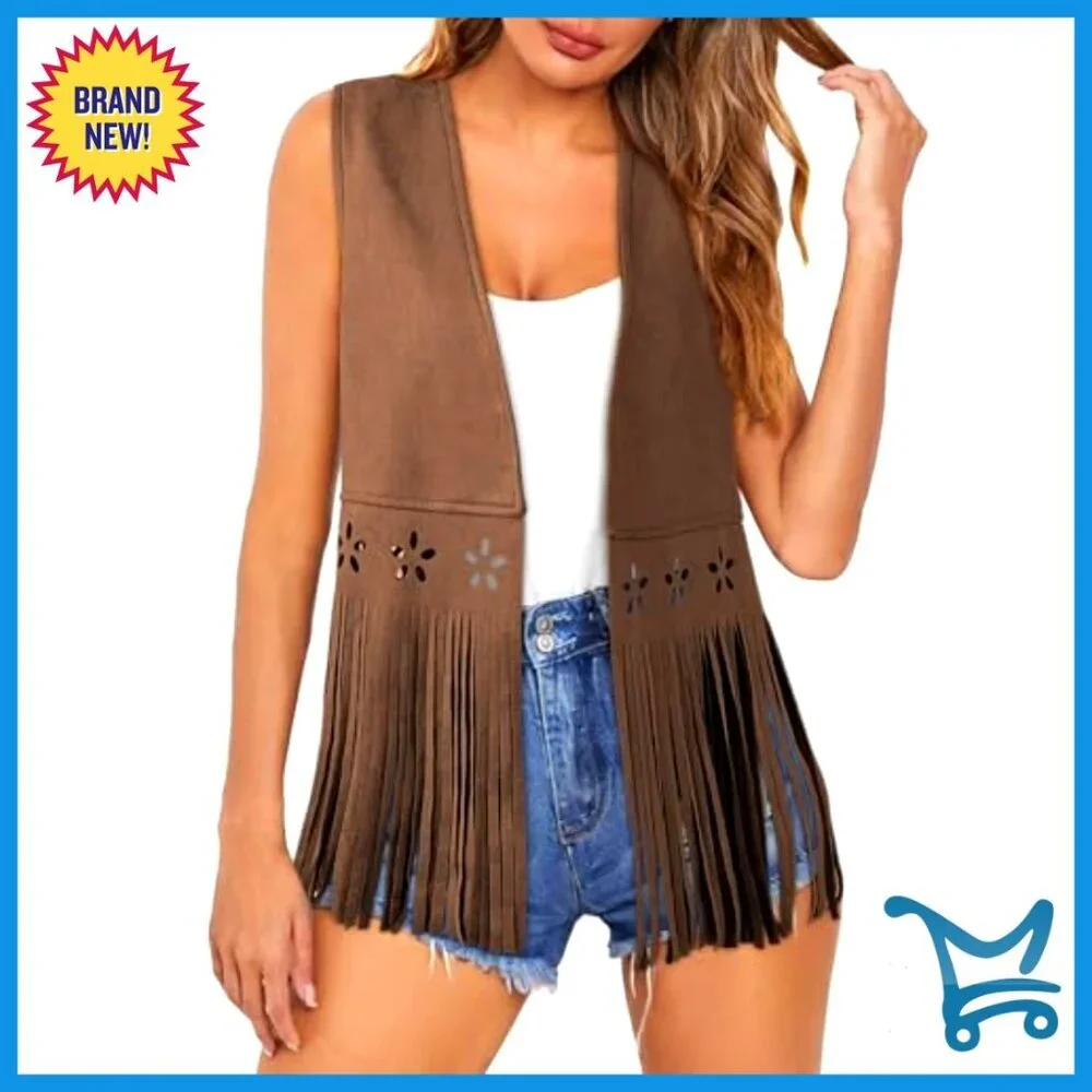 Large Faux Suede Fringe Vest Western Sleeveless Hollow Out Tassel - Picture 4 of 7